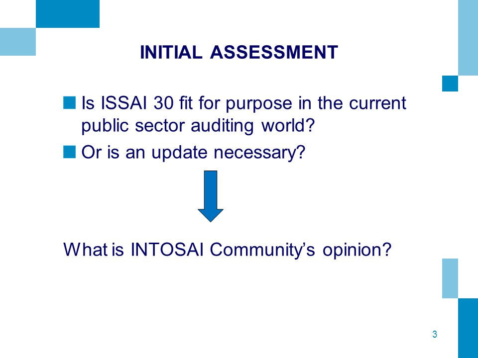 3 INITIAL ASSESSMENT Is ISSAI 30 fit for purpose in the current public sector auditing world.