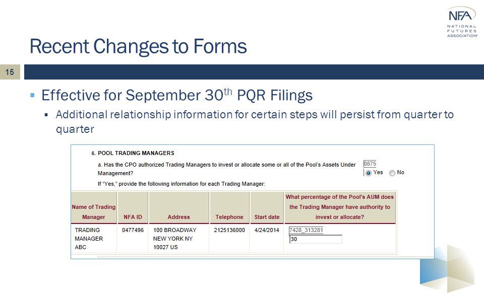 15  Effective for September 30 th PQR Filings  Additional relationship information for certain steps will persist from quarter to quarter Recent Changes to Forms