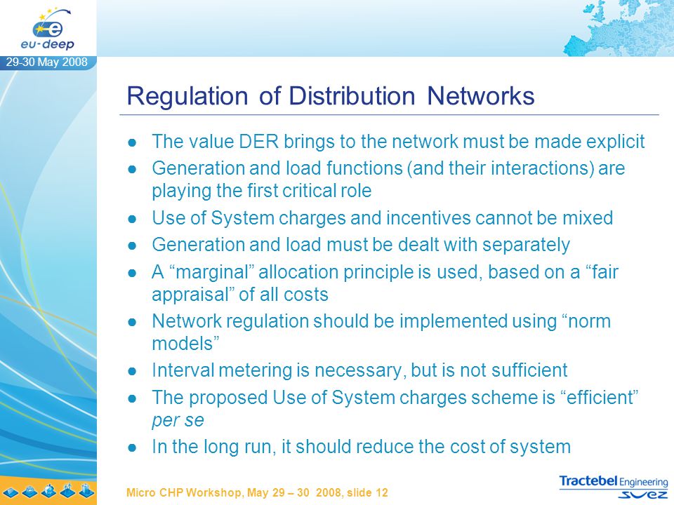 29-30 May 2008 Micro CHP Workshop, May 29 – , slide 12 Regulation of Distribution Networks ●The value DER brings to the network must be made explicit ●Generation and load functions (and their interactions) are playing the first critical role ●Use of System charges and incentives cannot be mixed ●Generation and load must be dealt with separately ●A marginal allocation principle is used, based on a fair appraisal of all costs ●Network regulation should be implemented using norm models ●Interval metering is necessary, but is not sufficient ●The proposed Use of System charges scheme is efficient per se ●In the long run, it should reduce the cost of system