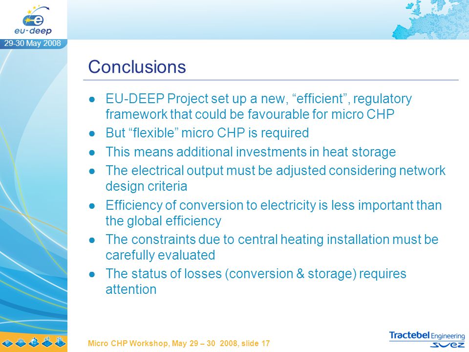 29-30 May 2008 Micro CHP Workshop, May 29 – , slide 17 Conclusions ●EU-DEEP Project set up a new, efficient , regulatory framework that could be favourable for micro CHP ●But flexible micro CHP is required ●This means additional investments in heat storage ●The electrical output must be adjusted considering network design criteria ●Efficiency of conversion to electricity is less important than the global efficiency ●The constraints due to central heating installation must be carefully evaluated ●The status of losses (conversion & storage) requires attention