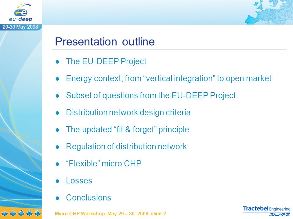 29-30 May 2008 Micro CHP Workshop, May 29 – , slide 2 Presentation outline ●The EU-DEEP Project ●Energy context, from vertical integration to open market ●Subset of questions from the EU-DEEP Project ●Distribution network design criteria ●The updated fit & forget principle ●Regulation of distribution network ● Flexible micro CHP ●Losses ●Conclusions