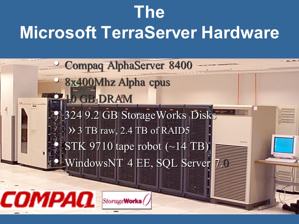 14 The Microsoft TerraServer Hardware Compaq AlphaServer 8400 Compaq AlphaServer x400Mhz Alpha cpus 8x400Mhz Alpha cpus 10 GB DRAM 10 GB DRAM GB StorageWorks Disks GB StorageWorks Disks » 3 TB raw, 2.4 TB of RAID5 STK 9710 tape robot (~14 TB) STK 9710 tape robot (~14 TB) WindowsNT 4 EE, SQL Server 7.0 WindowsNT 4 EE, SQL Server 7.0