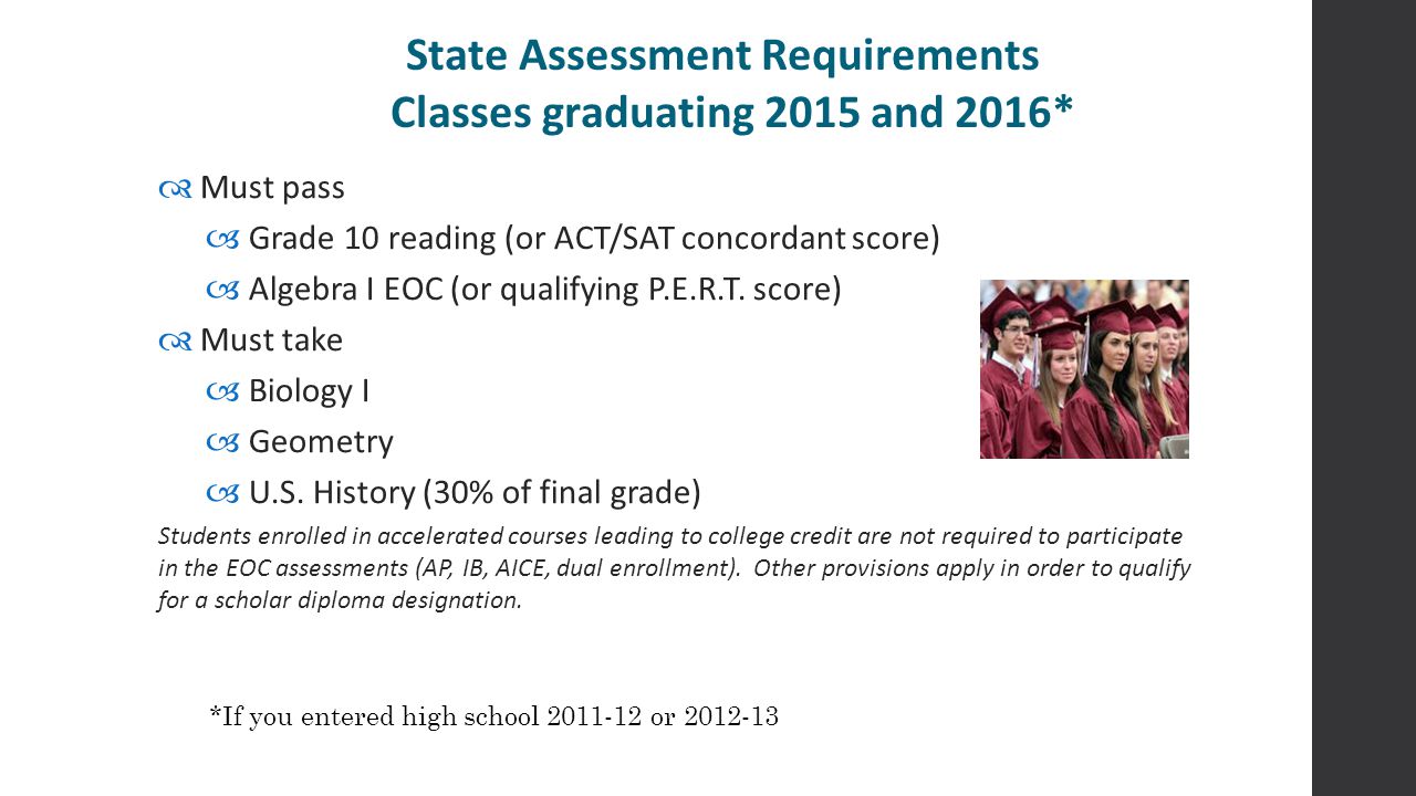 State Assessment Requirements Classes graduating 2015 and 2016*  Must pass  Grade 10 reading (or ACT/SAT concordant score)  Algebra I EOC (or qualifying P.E.R.T.