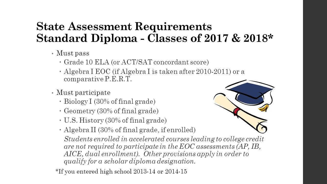 State Assessment Requirements Standard Diploma - Classes of 2017 & 2018* Must pass  Grade 10 ELA (or ACT/SAT concordant score)  Algebra I EOC (if Algebra I is taken after ) or a comparative P.E.R.T.