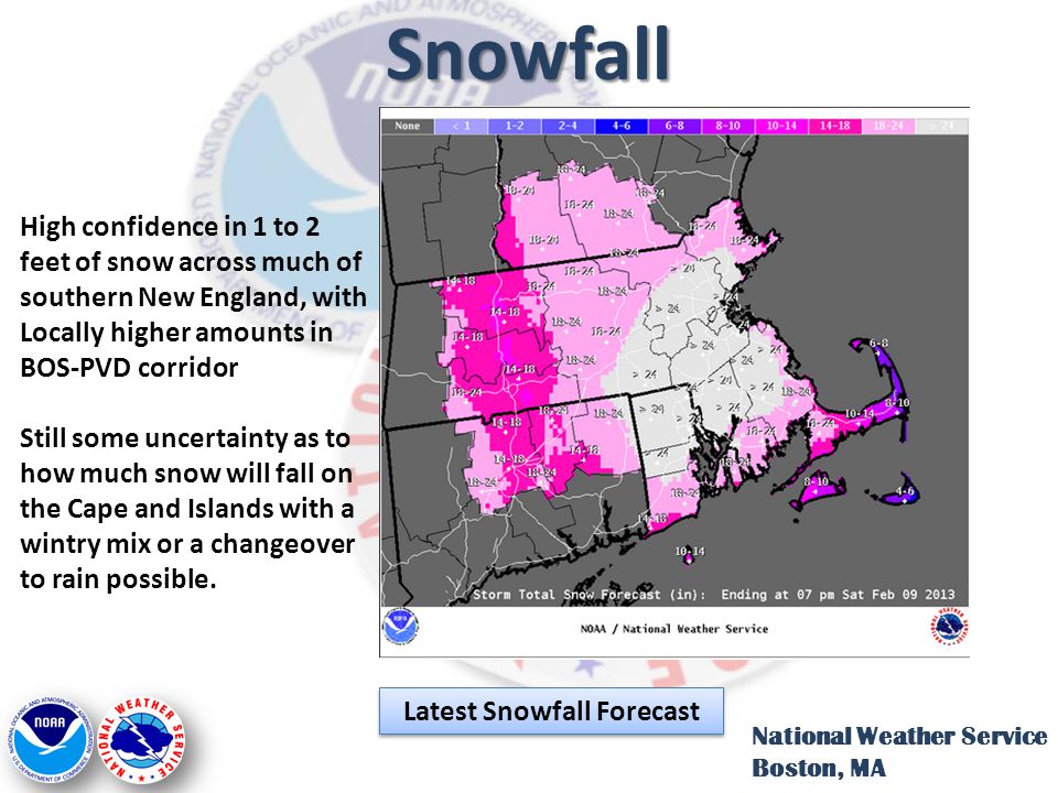 Snowfall High confidence in 1 to 2 feet of snow across much of southern New England, with Locally higher amounts in BOS-PVD corridor Still some uncertainty as to how much snow will fall on the Cape and Islands with a wintry mix or a changeover to rain possible.
