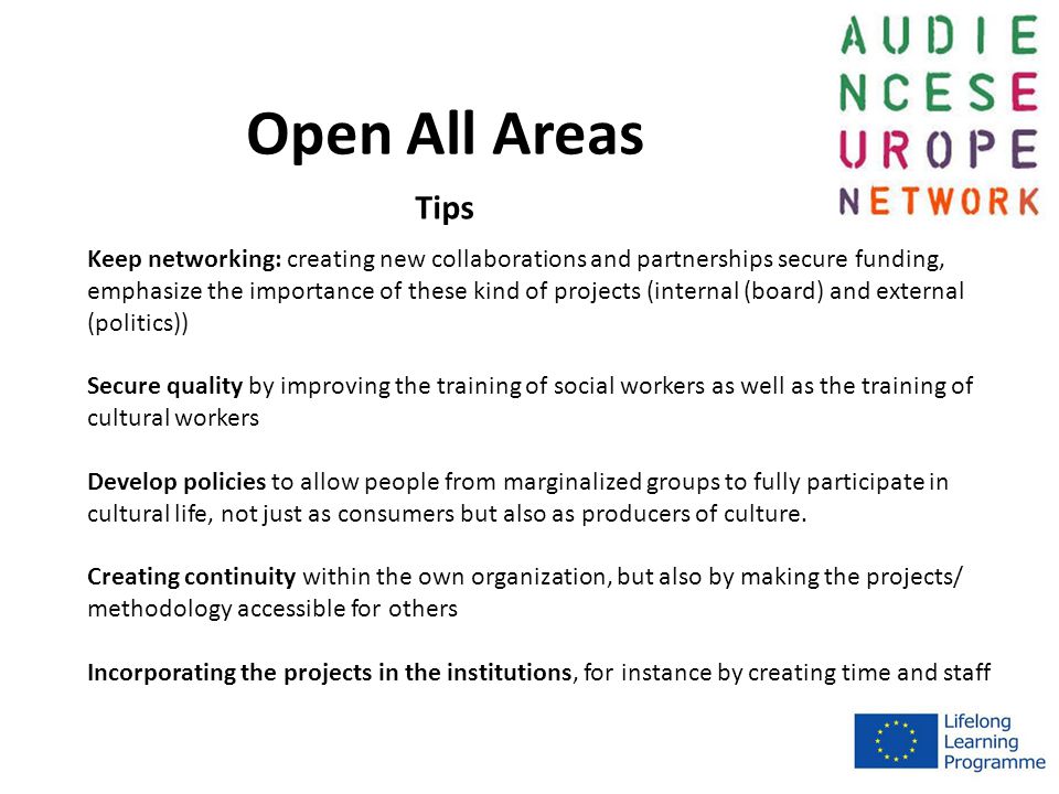 Open All Areas Keep networking: creating new collaborations and partnerships secure funding, emphasize the importance of these kind of projects (internal (board) and external (politics)) Secure quality by improving the training of social workers as well as the training of cultural workers Develop policies to allow people from marginalized groups to fully participate in cultural life, not just as consumers but also as producers of culture.