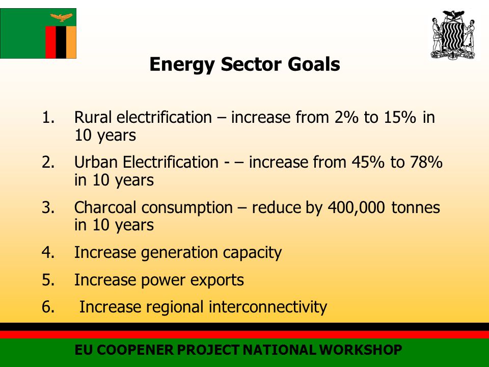 Energy Sector Goals 1.Rural electrification – increase from 2% to 15% in 10 years 2.Urban Electrification - – increase from 45% to 78% in 10 years 3.Charcoal consumption – reduce by 400,000 tonnes in 10 years 4.Increase generation capacity 5.Increase power exports 6.