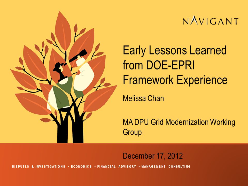 DISPUTES & INVESTIGATIONS ECONOMICS FINANCIAL ADVISORY MANAGEMENT CONSULTING Early Lessons Learned from DOE-EPRI Framework Experience Melissa Chan MA DPU Grid Modernization Working Group December 17, 2012