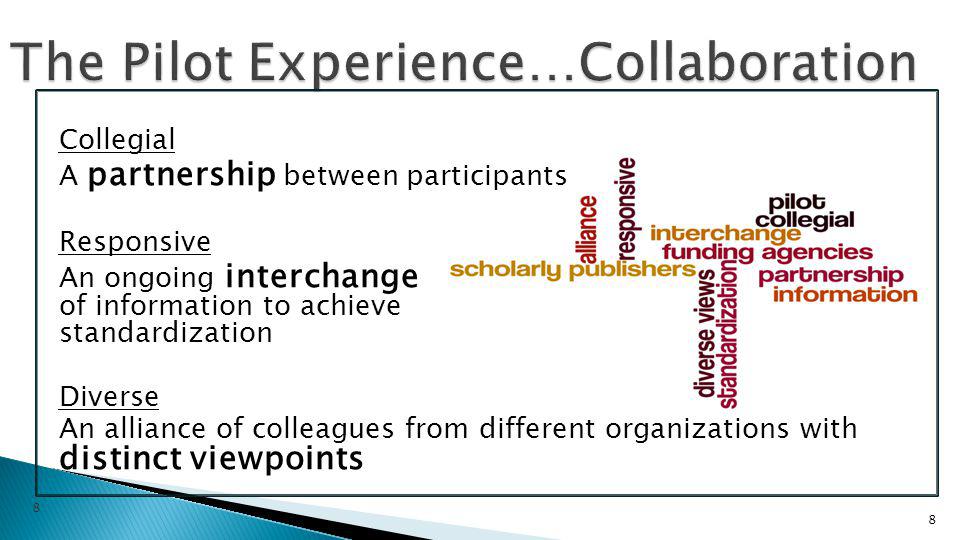 Collegial A partnership between participants Responsive An ongoing interchange of information to achieve standardization Diverse An alliance of colleagues from different organizations with distinct viewpoints 8 8
