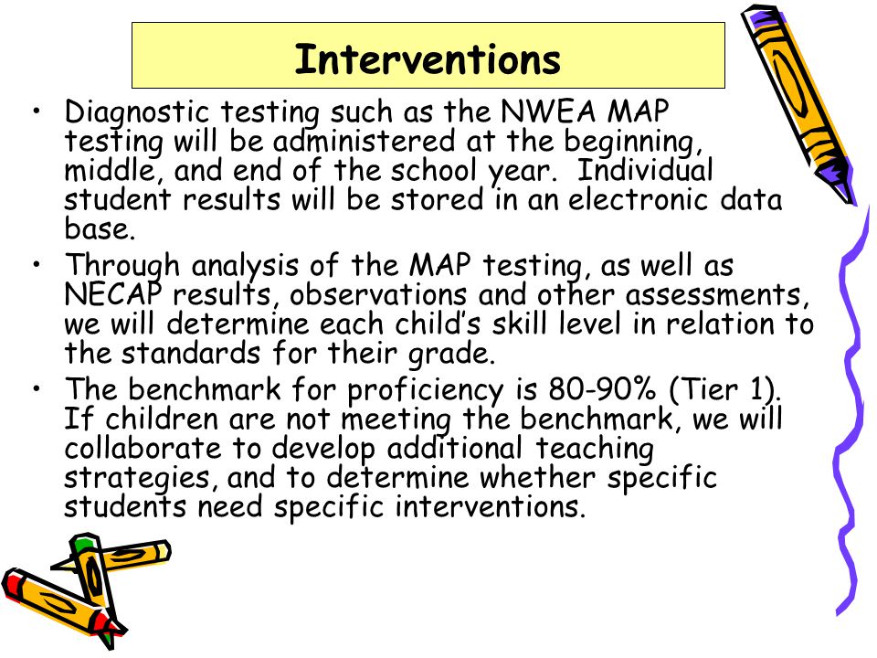 Interventions Diagnostic testing such as the NWEA MAP testing will be administered at the beginning, middle, and end of the school year.