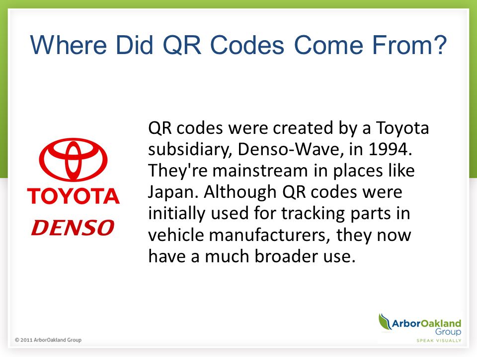 Where Did QR Codes Come From. QR codes were created by a Toyota subsidiary, Denso-Wave, in