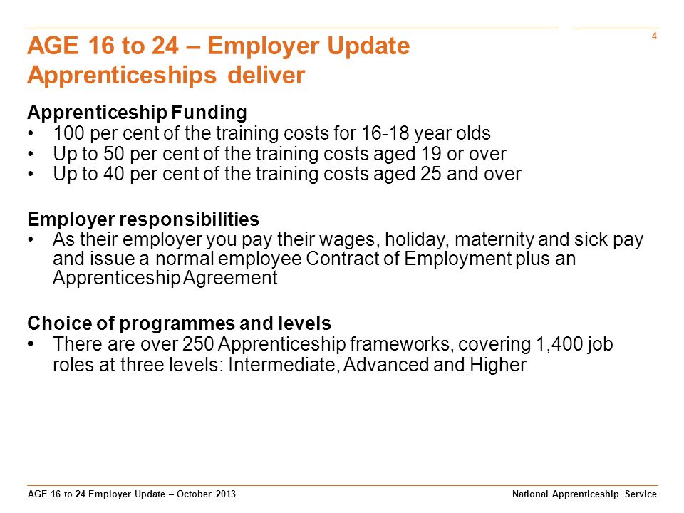 4 AGE 16 to 24 Employer Update – October 2013 AGE 16 to 24 – Employer Update Apprenticeships deliver National Apprenticeship Service Apprenticeship Funding 100 per cent of the training costs for year olds Up to 50 per cent of the training costs aged 19 or over Up to 40 per cent of the training costs aged 25 and over Employer responsibilities As their employer you pay their wages, holiday, maternity and sick pay and issue a normal employee Contract of Employment plus an Apprenticeship Agreement Choice of programmes and levels There are over 250 Apprenticeship frameworks, covering 1,400 job roles at three levels: Intermediate, Advanced and Higher