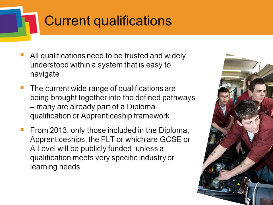 Current qualifications  All qualifications need to be trusted and widely understood within a system that is easy to navigate  The current wide range of qualifications are being brought together into the defined pathways – many are already part of a Diploma qualification or Apprenticeship framework  From 2013, only those included in the Diploma, Apprenticeships, the FLT or which are GCSE or A Level will be publicly funded, unless a qualification meets very specific industry or learning needs