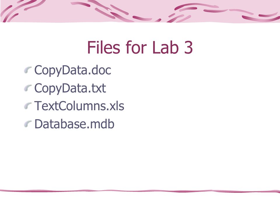 Files for Lab 3 CopyData.doc CopyData.txt TextColumns.xls Database.mdb