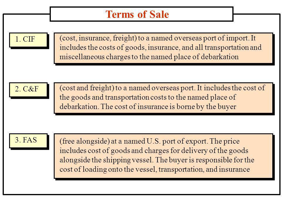 Terms of Sale 1. CIF (cost, insurance, freight) to a named overseas port of import.