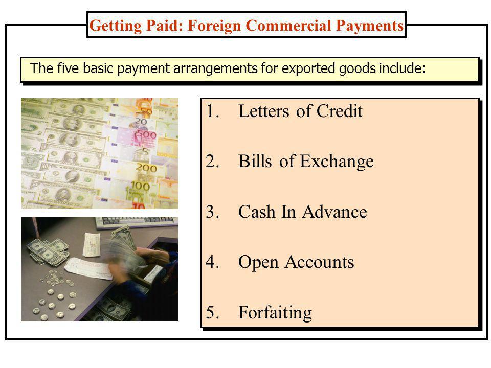 Getting Paid: Foreign Commercial Payments 1.Letters of Credit 2.Bills of Exchange 3.Cash In Advance 4.Open Accounts 5.Forfaiting The five basic payment arrangements for exported goods include: