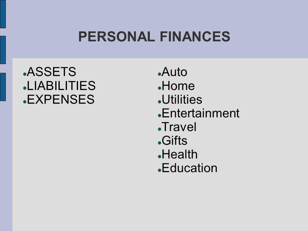 PERSONAL FINANCES ASSETS LIABILITIES EXPENSES Auto Home Utilities Entertainment Travel Gifts Health Education
