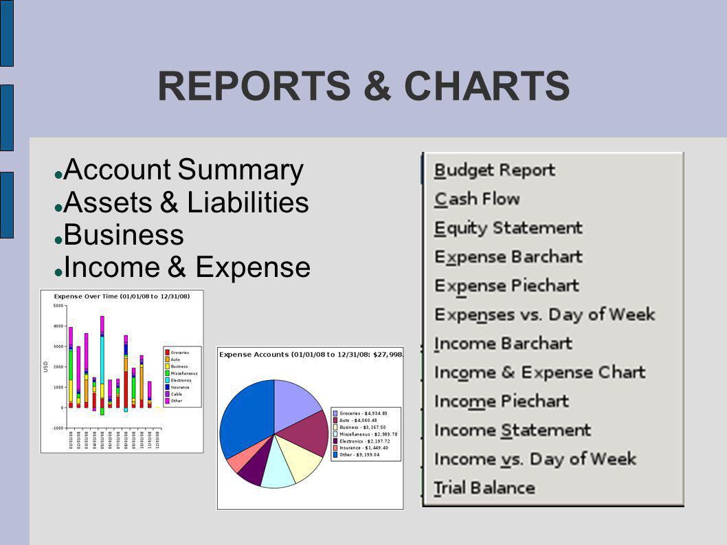 REPORTS & CHARTS Account Summary Assets & Liabilities Business Income & Expense