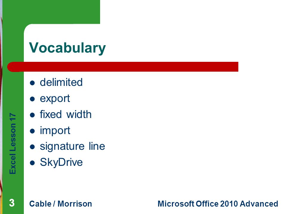 Excel Lesson 17 Cable / MorrisonMicrosoft Office 2010 Advanced Vocabulary delimited export fixed width import signature line SkyDrive 333