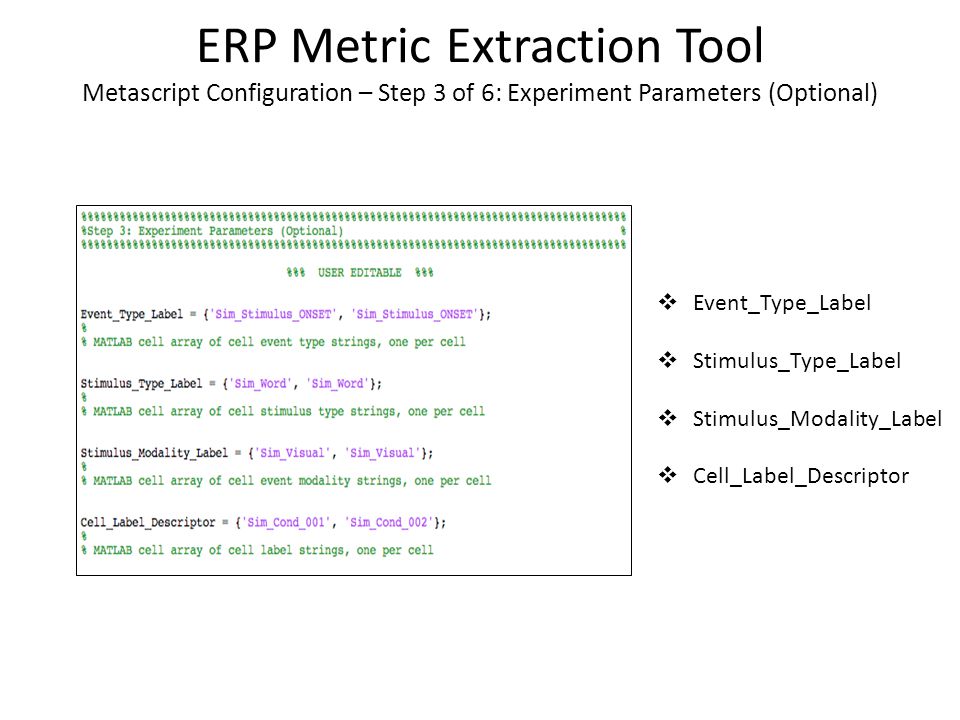 ERP Metric Extraction Tool Metascript Configuration – Step 3 of 6: Experiment Parameters (Optional)  Event_Type_Label  Stimulus_Type_Label  Stimulus_Modality_Label  Cell_Label_Descriptor