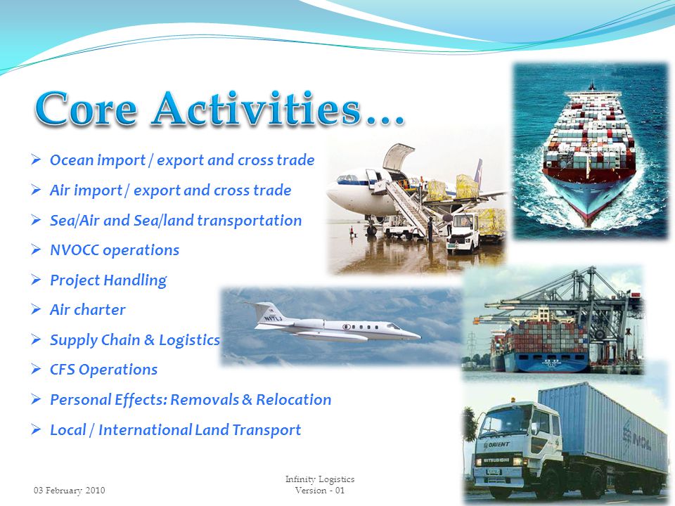  Ocean import / export and cross trade  Air import / export and cross trade  Sea/Air and Sea/land transportation  NVOCC operations  Project Handling  Air charter  Supply Chain & Logistics  CFS Operations  Personal Effects: Removals & Relocation  Local / International Land Transport 03 February Infinity Logistics Version - 01