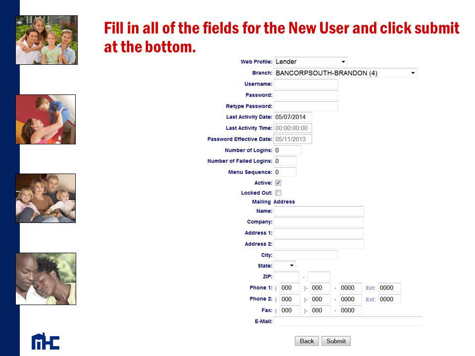 Fill in all of the fields for the New User and click submit at the bottom.