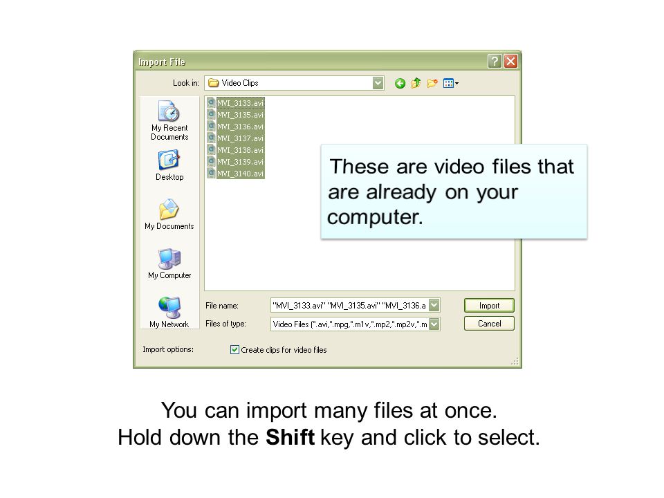 You can import many files at once. Hold down the Shift key and click to select.