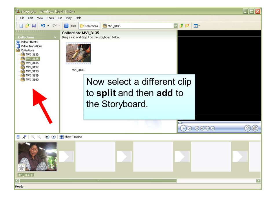 Now select a different clip to split and then add to the Storyboard.