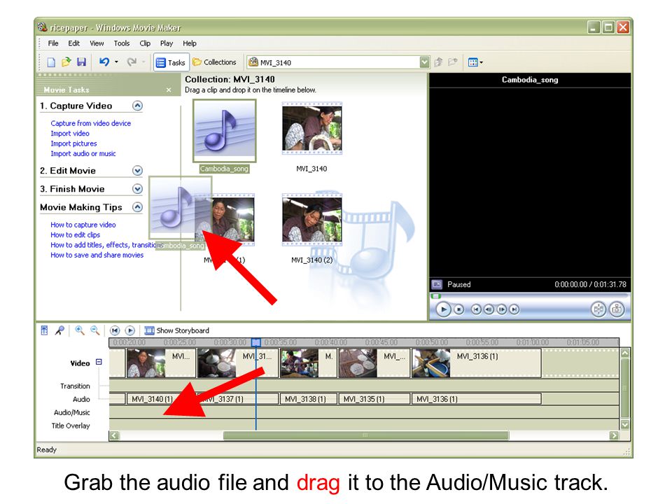 Grab the audio file and drag it to the Audio/Music track.