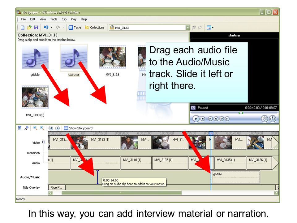 Drag each audio file to the Audio/Music track. Slide it left or right there.