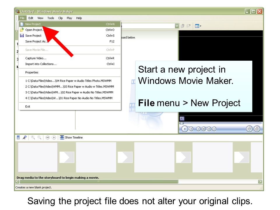 Start a new project in Windows Movie Maker.