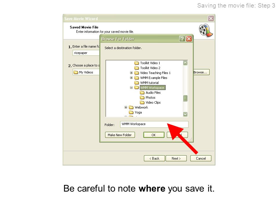 Be careful to note where you save it. Saving the movie file: Step 3