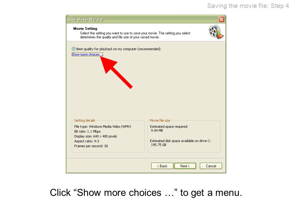 Click Show more choices … to get a menu. Saving the movie file: Step 4