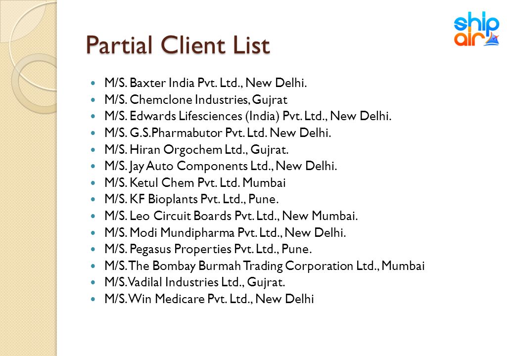 Partial Client List M/S. Baxter India Pvt. Ltd., New Delhi.