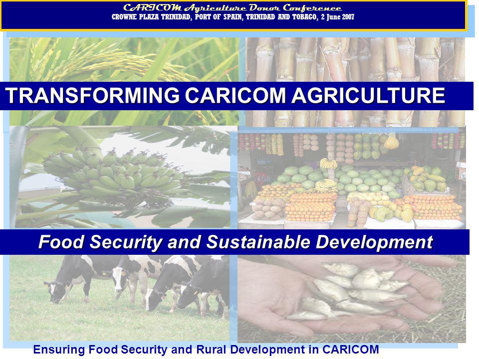 CARICOM Agriculture Donor Conference CROWNE PLAZA, PORT OF SPAIN, TRINIDAD AND TOBAGO, 2 June 2007 CARICOM Agriculture Donor Conference CROWNE PLAZA, PORT OF SPAIN, TRINIDAD AND TOBAGO, 2 June 2007 TRANSFORMING CARICOM AGRICULTURE CARICOM Agriculture Donor Conference CROWNE PLAZA TRINIDAD, PORT OF SPAIN, TRINIDAD AND TOBAGO, 2 June 2007 CARICOM Agriculture Donor Conference CROWNE PLAZA TRINIDAD, PORT OF SPAIN, TRINIDAD AND TOBAGO, 2 June 2007 Food Security and Sustainable Development Ensuring Food Security and Rural Development in CARICOM