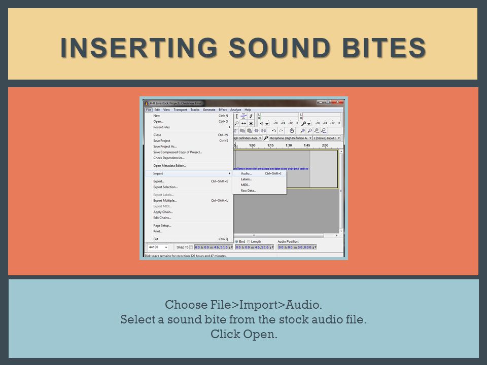 INSERTING SOUND BITES Choose File>Import>Audio. Select a sound bite from the stock audio file.