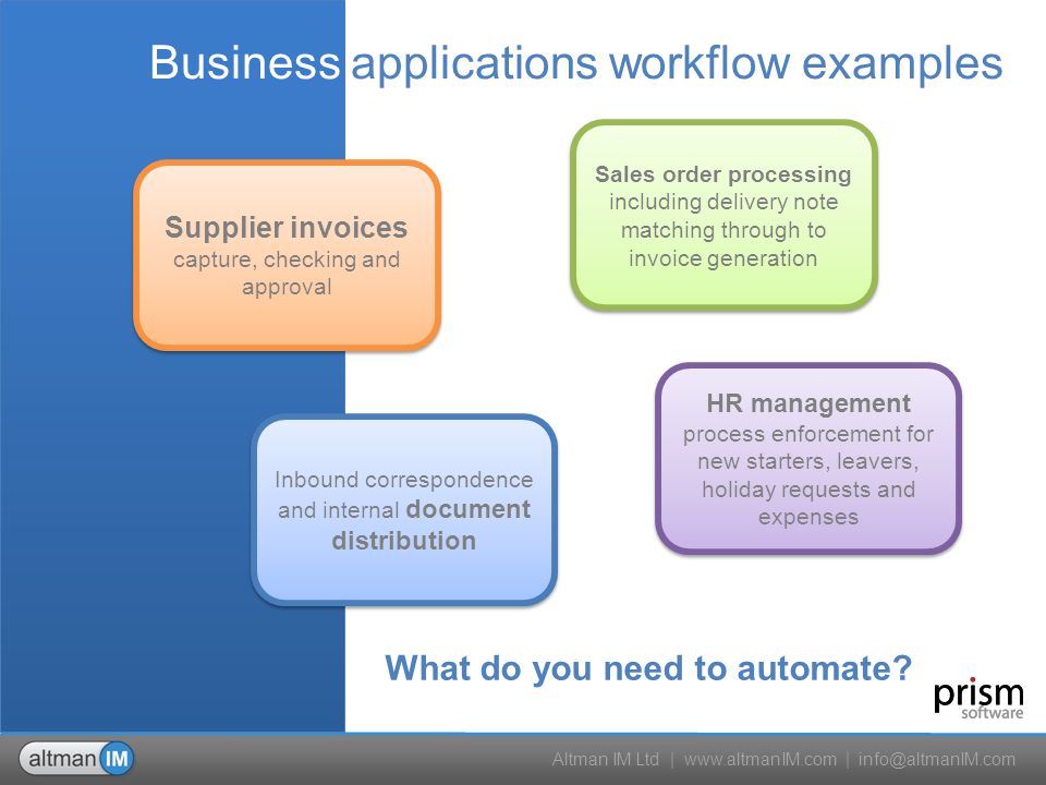 Altman IM Ltd |   | Business applications workflow examples Supplier invoices capture, checking and approval Sales order processing including delivery note matching through to invoice generation Sales order processing including delivery note matching through to invoice generation Inbound correspondence and internal document distribution HR management process enforcement for new starters, leavers, holiday requests and expenses What do you need to automate