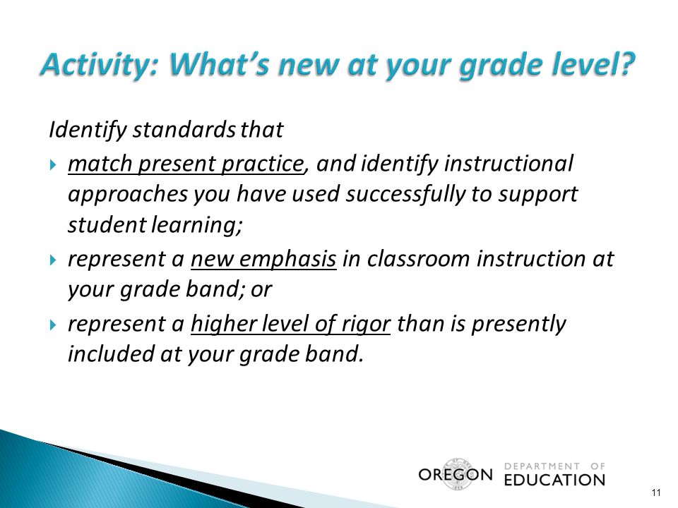 Identify standards that  match present practice, and identify instructional approaches you have used successfully to support student learning;  represent a new emphasis in classroom instruction at your grade band; or  represent a higher level of rigor than is presently included at your grade band.
