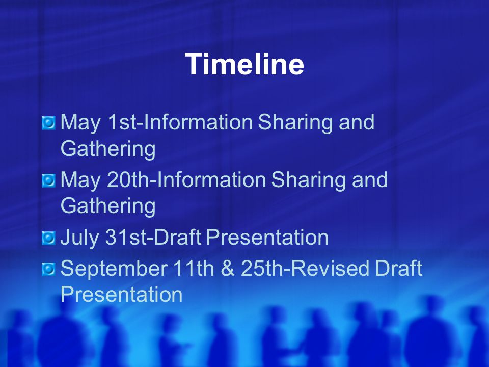 Timeline May 1st-Information Sharing and Gathering May 20th-Information Sharing and Gathering July 31st-Draft Presentation September 11th & 25th-Revised Draft Presentation