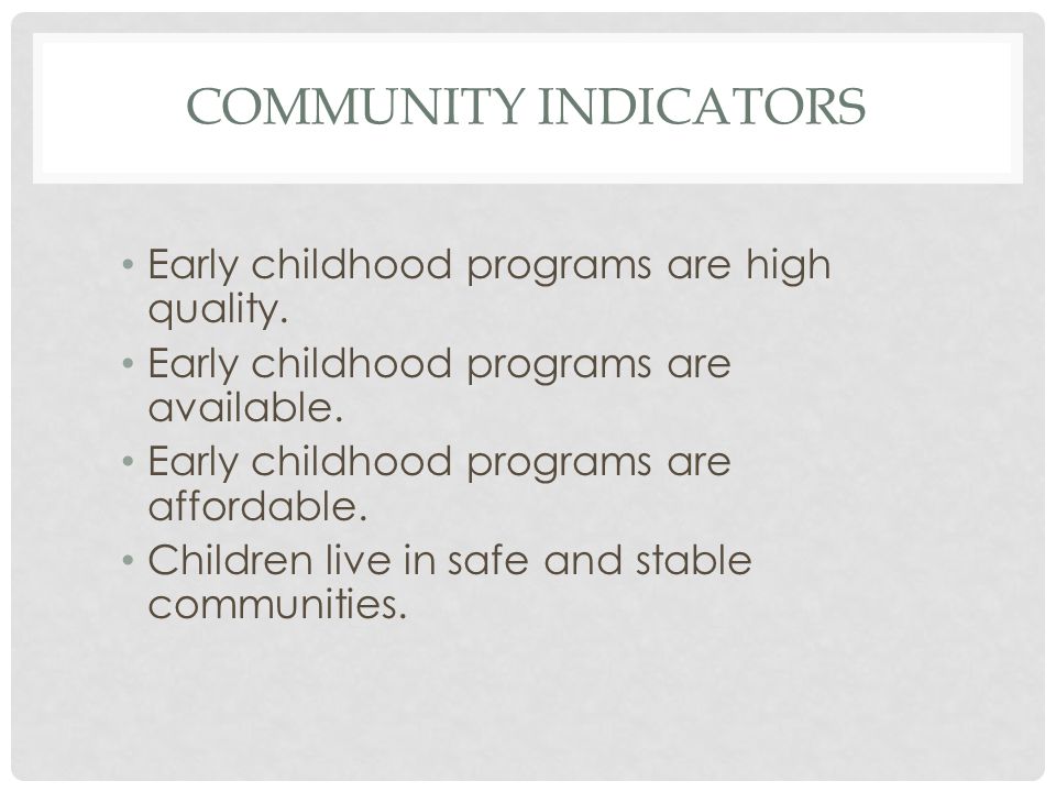 COMMUNITY INDICATORS Early childhood programs are high quality.