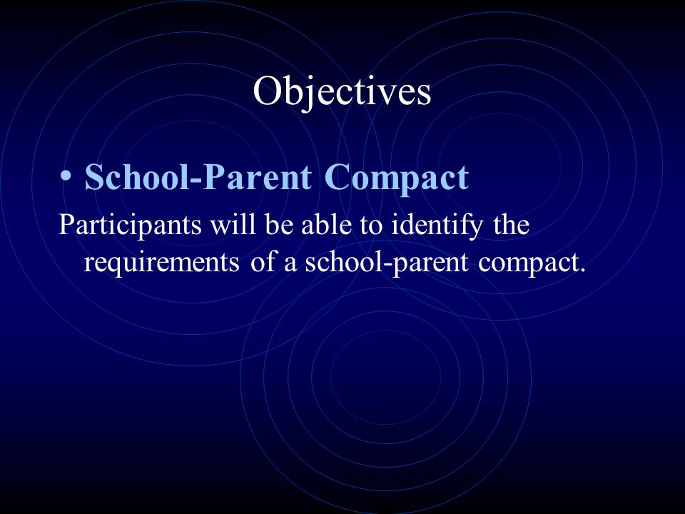 Objectives School-Parent Compact Participants will be able to identify the requirements of a school-parent compact.