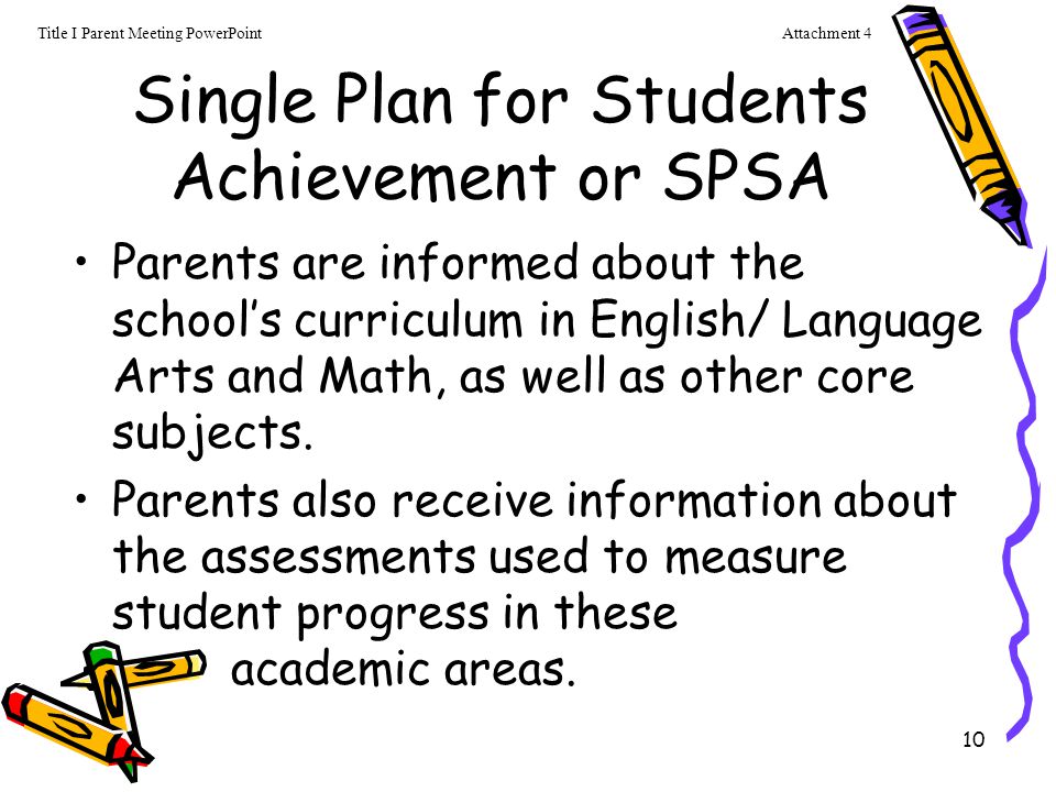 10 Single Plan for Students Achievement or SPSA Parents are informed about the school’s curriculum in English/ Language Arts and Math, as well as other core subjects.