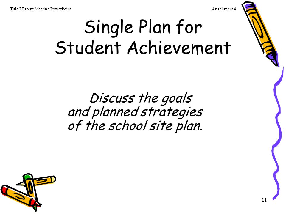 11 Single Plan for Student Achievement Discuss the goals and planned strategies of the school site plan.