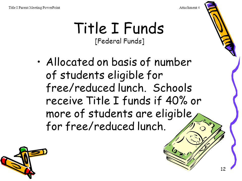 12 Title I Funds [Federal Funds] Allocated on basis of number of students eligible for free/reduced lunch.
