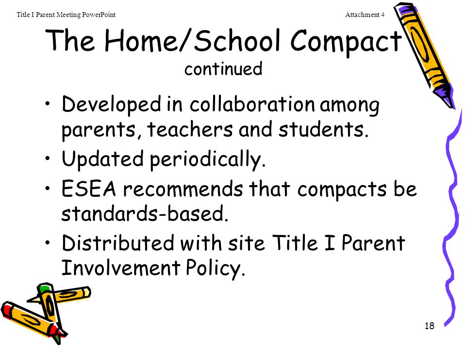 18 The Home/School Compact continued Developed in collaboration among parents, teachers and students.