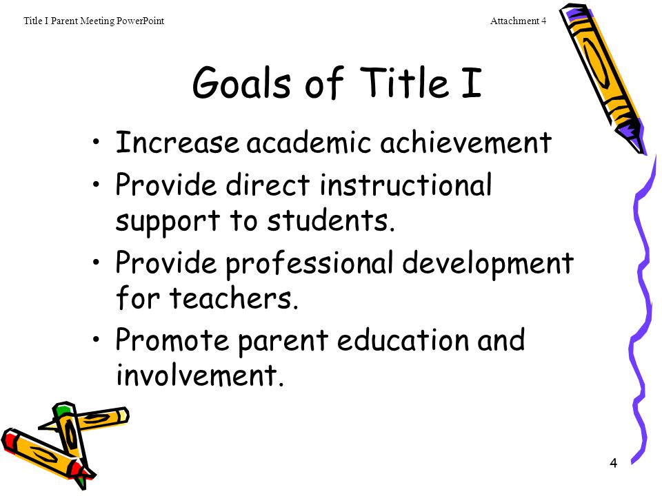 4 Goals of Title I Increase academic achievement Provide direct instructional support to students.
