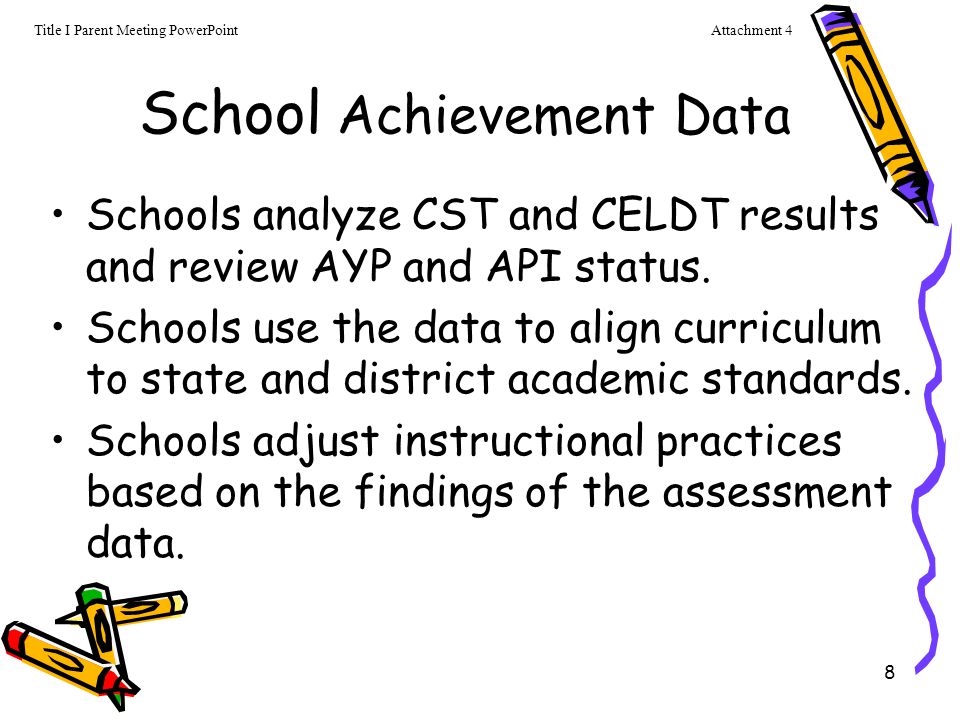 8 School Achievement Data Schools analyze CST and CELDT results and review AYP and API status.