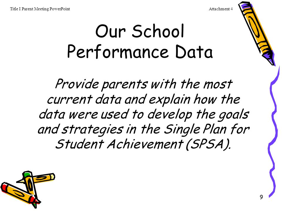 9 Our School Performance Data Provide parents with the most current data and explain how the data were used to develop the goals and strategies in the Single Plan for Student Achievement (SPSA).