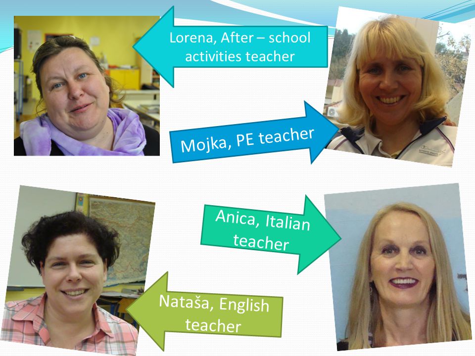 Anica, Italian teacher Mojka, PE teacher Nataša, English teacher Lorena, After – school activities teacher