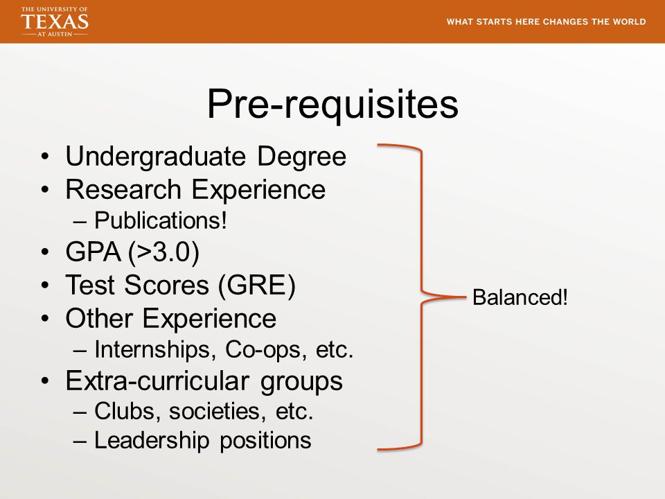 Pre-requisites Undergraduate Degree Research Experience –Publications.